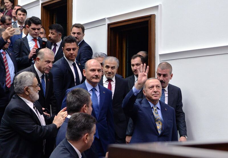Turkish President Recep Tayyip Erdogan arrives at parliament in Ankara, Turkey. EPA