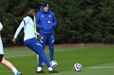 Antonio Rudiger takes part in a training session with Chelsea manager Thomas Tuchel watches on. Getty