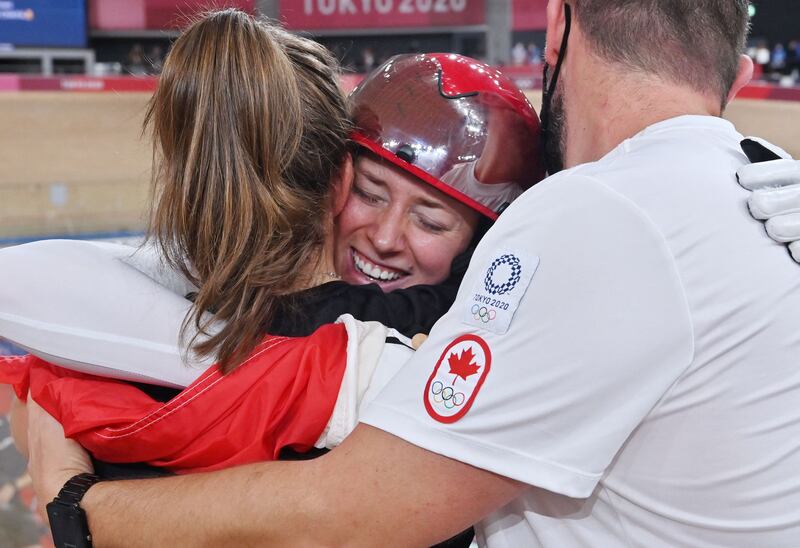Canada's Kelsey Mitchell reacts after winning the women's track cycling sprint finals.