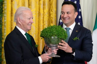 President Joe Biden and Ireland's Taoiseach Leo Varadkar hold a bowl of shamrocks during a St.  Patrick's Day reception in the East Room of the White House, Friday, March 17, 2023, in Washington.  (AP Photo / Alex Brandon)