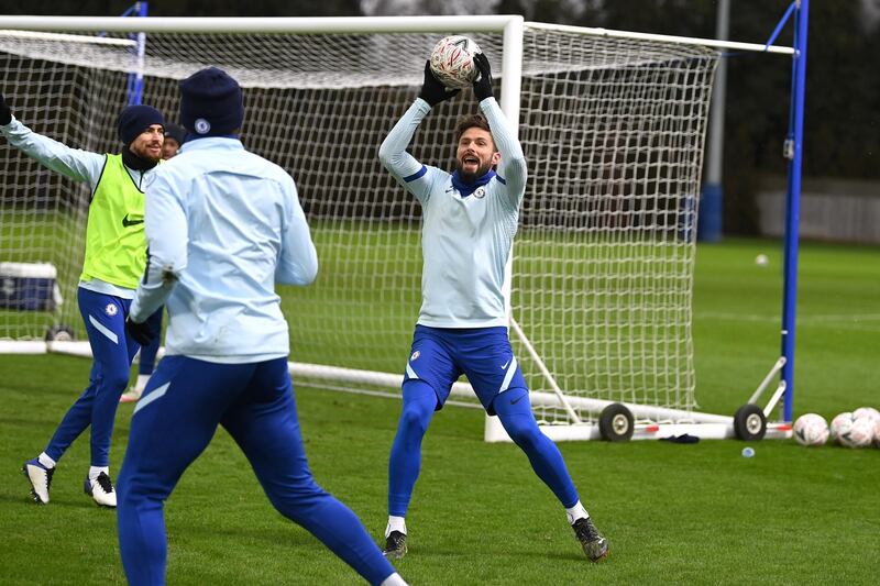 COBHAM, ENGLAND - FEBRUARY 09:  Olivier Giroud of Chelsea during a warm down training session at Chelsea Training Ground on February 9, 2021 in Cobham, England. (Photo by Darren Walsh/Chelsea FC via Getty Images)