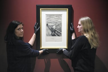 A lithograph print of 'The Scream' by Edvard Munch during a press event to promote an Edvard Munch exhibition in March, 2019 in London, England. The print is one of around 15 lithographs made by Munch and was made before the famous colour painting. Getty Images 