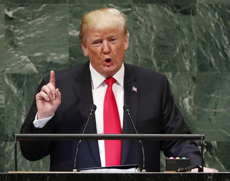 epa07045865 US President Donald Trump addresses the General Debate of the General Assembly of the United Nations at United Nations Headquarters in New York, New York, USA, 25 September 2018. The General Debate of the 73rd session begins on 25 September 2018.  EPA/JUSTIN LANE