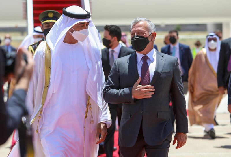 Jordan's King Abdullah II and Crown Prince Al Hussein while receiving Sheikh Mohamed bin Zayed, the crown prince of Abu Dhabi and deputy supreme commander of the UAE Armed Forces at Marka Military Airport in Jordan. Courtesy Royal Hashemite Court