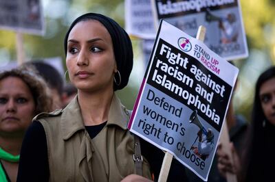 Protesters outside the French embassy in London in response to the burqini ban. Justin Tallis / AFP