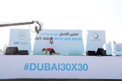 Dubai, United Arab Emirates - October 26, 2019: HIIT 30X30 with Joe Wicks. Guinness World Record attempt for the largest HIIT class. Saturday the 26th of October 2019. Skydive Dubai, Dubai. Chris Whiteoak / The National