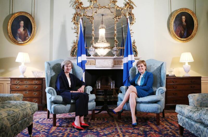 Britain's new prime minister Theresa May, left, meeting Scotland's first minister Nicola Sturgeon in Bute House in Edinburgh, on July 15, 2016. Andrew Milligan/AFP Photo