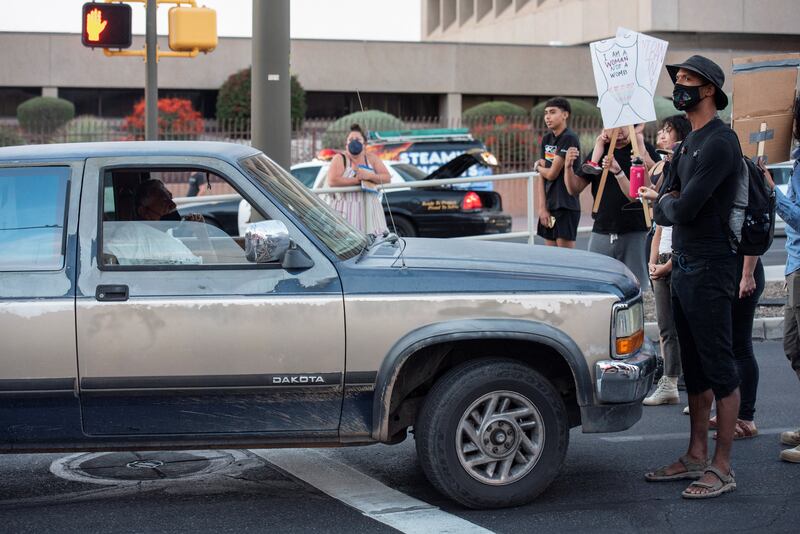 Protesters blocks streets during an abortion rights rally in Tucson. Reuters