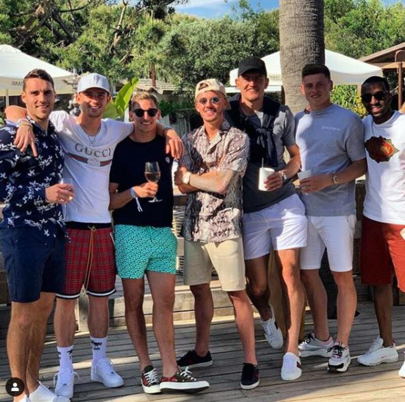 Leicester City's players were guests of vice-chairman Aiyawatt Srivaddhanaprabha in Saint Tropez, France after the end of the season. Pictured are Matty James, Ben Chilwell, Marc Albrighton, James Maddison, Harry Maguire, Harvey Barnes and Ricardo Pereira. Courtesy James Maddison / Instagram