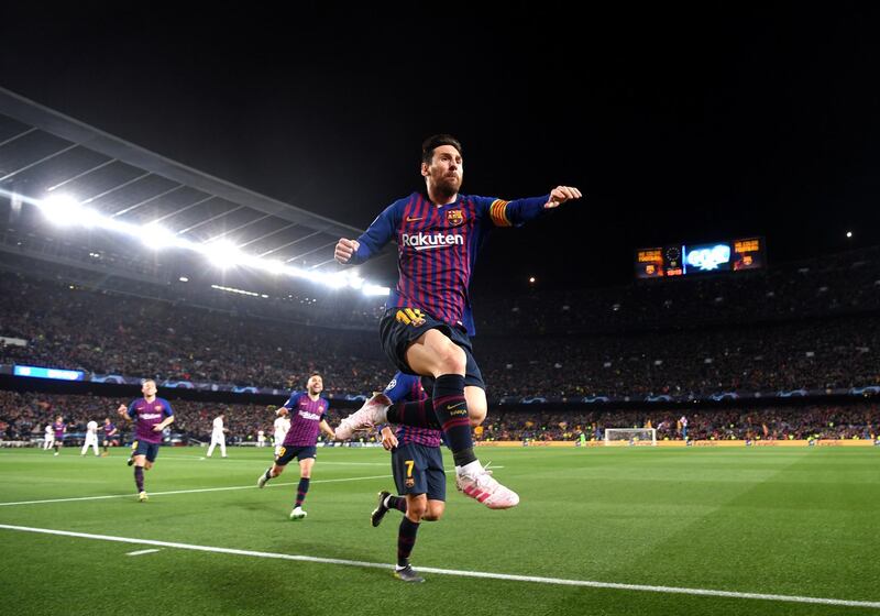 BARCELONA, SPAIN - APRIL 16:  Lionel Messi of Barcelona celebrates after scoring his team's first goal during the UEFA Champions League Quarter Final second leg match between FC Barcelona and Manchester United at Camp Nou on April 16, 2019 in Barcelona, Spain. (Photo by Michael Regan/Getty Images)