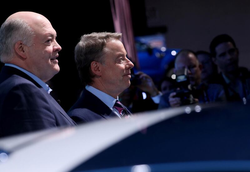 FILE PHOTO: Ford Motor Company President and CEO Jim Hackett (L) and Executive Chairman Bill Ford attend their company's presentation at the North American International Auto Show in Detroit, Michigan, U.S., January 14, 2019. REUTERS/Jonathan Ernst/File Photo