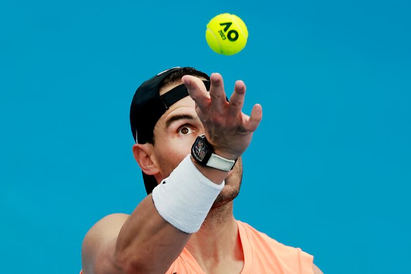 Rafael Nadal serves during a practice session ahead of the 2023 United Cup. Getty