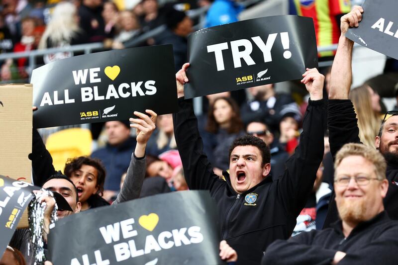 All Blacks fans cheer on their team during the Bledisloe Cup match between the New Zealand and the Australia at Sky Stadium in Wellington. Getty Images