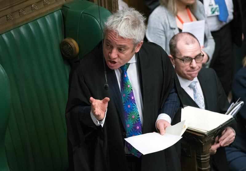 Speaker of the House of Commons John Bercow speaks during a debate before a government no-confidence vote in the House of Commons AP Photo