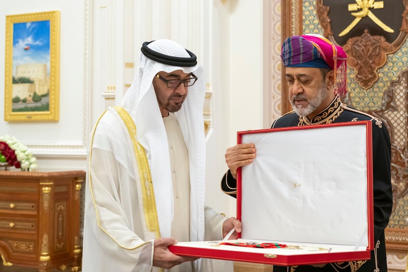 Sheikh Mohamed receives Order of Al Said from Sultan Haitham of Oman. Mohamed Al Hammadi / UAE Presidential Court 