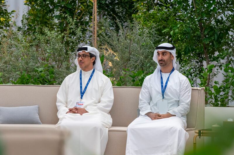Sheikh Mansour bin Zayed, Vice President, Deputy Prime Minister and Chairman of the Presidential Court, and Sheikh Hamdan bin Mohamed attend a meeting with Mr Pena. Photo: UAE Presidential Court 