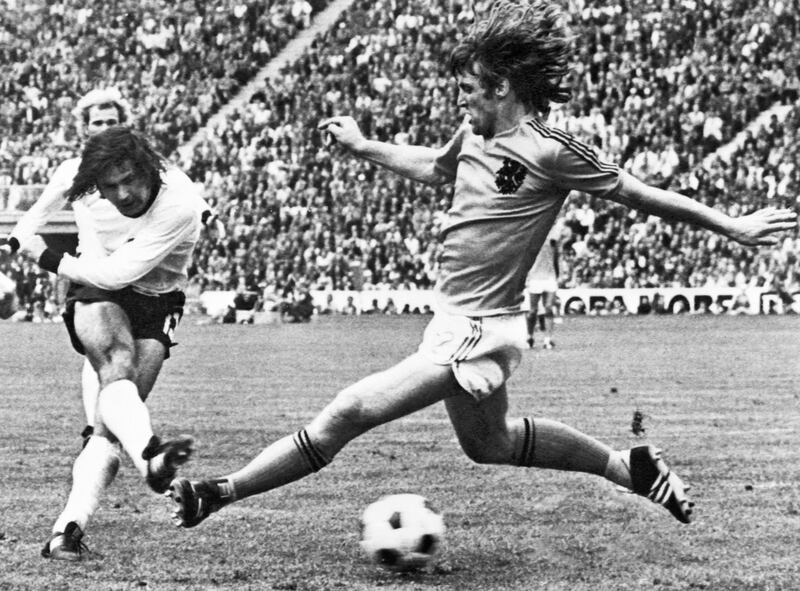 Gerd Muller scores the second goal for West Germany against the Dutch in 1974.