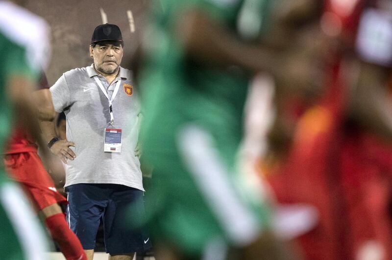 Fujairah, United Arab Emirates, November 4, 2017:    Diego Maradona, head coach of Fujairah football club, coaches while playing against Al Orouda during their UAE first division regular season match at the Fujairah stadium in Fujairah on November 4, 2017. Christopher Pike / The National

Reporter: John McAuley
Section: Sport