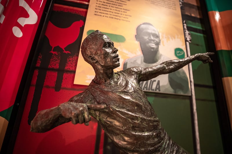 A statue of sprinting legend Usain Bolt at the Jamaica pavilion. Victor Besa / The National