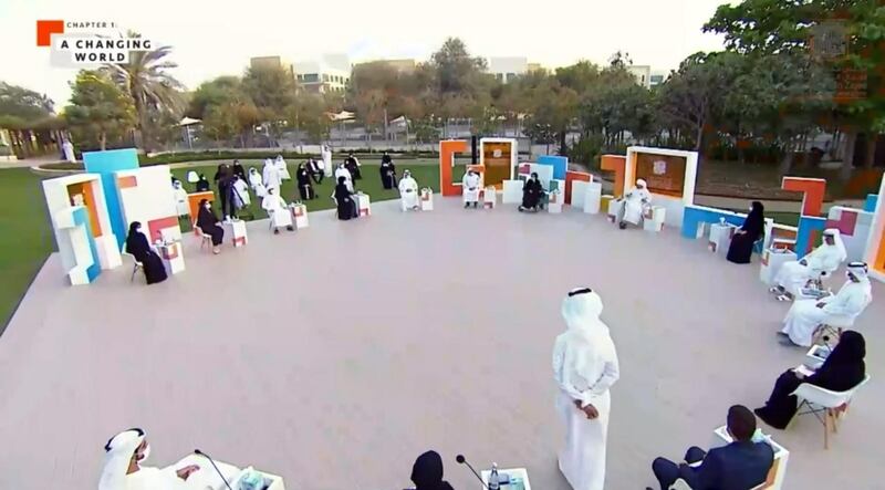 Sheikh Abdullah speaks in a Q&A session to students at a park in Abu Dhabi. He urged young people to be ambitious and to challenge themselves, while also speaking of the need to talk about mental health issues, which have been exacerbated by the pandemic. The National