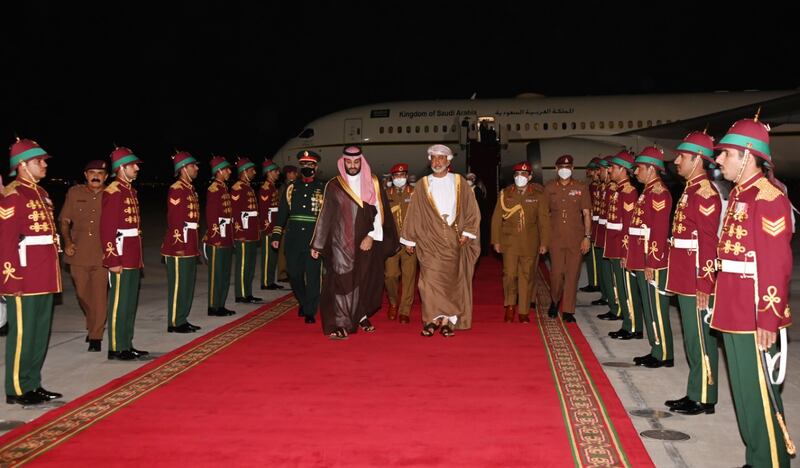 Red carpet treatment as Sultan Haitham walks his guest, Prince Mohammed, from his flight after landing in Muscat. Photo: Oman News Agency