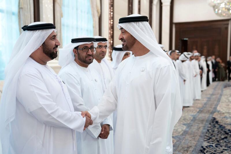 ABU DHABI, UNITED ARAB EMIRATES - May 21, 2019: HH Sheikh Mohamed bin Zayed Al Nahyan, Crown Prince of Abu Dhabi and Deputy Supreme Commander of the UAE Armed Forces (R), receives Special Olympics sponsors during an iftar reception at Al Bateen Palace.

( Eissa Al Hammadi for the Ministry of Presidential Affairs )
---