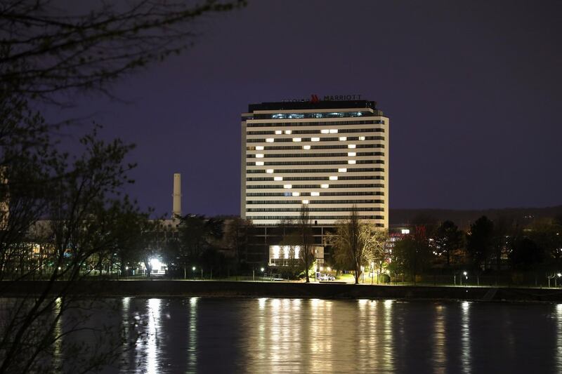 The Marriott Hotel in Bonn, Germany thanks all the coronavirus crisis workers with an illuminated heart of lights. Getty