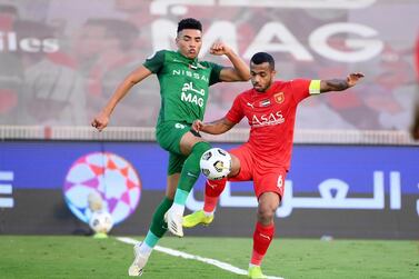 Shabab Al Ahli’s Brazilian forward (green) is challenged by challenged by Fujairah's Ibrahim Al Mansouri in the Arabian Gulf League matchweek 23 at the Rashid stadium on Friday, April 2, 2021. Courtesy PLC