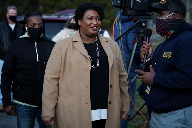 Stacey Abrams speaks to the media about the U.S. Senate runoff elections outside St. Paul's Episcopal Church in Atlanta, Georgia, U.S., January 5, 2021.  REUTERS/Elijah Nouvelage