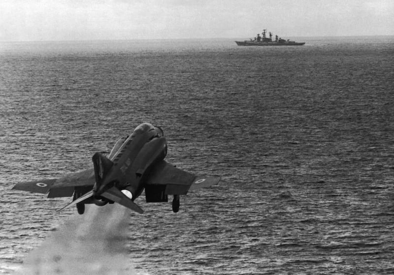 A McDonnell Douglas F-4 Phantom II fighter-bomber of the Royal Navy is launched from HMS Ark Royal during a Nato exercise in 1972