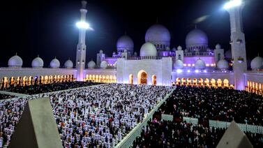 Worshippers gather at Sheikh Zayed Grand Mosque in Abu Dhabi seeking Laylat Al Qadr. Victor Besa / The National