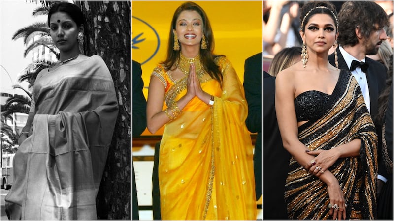 The sari has made many appearances on the Cannes Film Festival red carpet over the years. From left, Shabana Azmi in 1976, Aishwarya Rai Bachchan in 2002, and Deepika Padukone in 2022. Photos: Getty and AFP