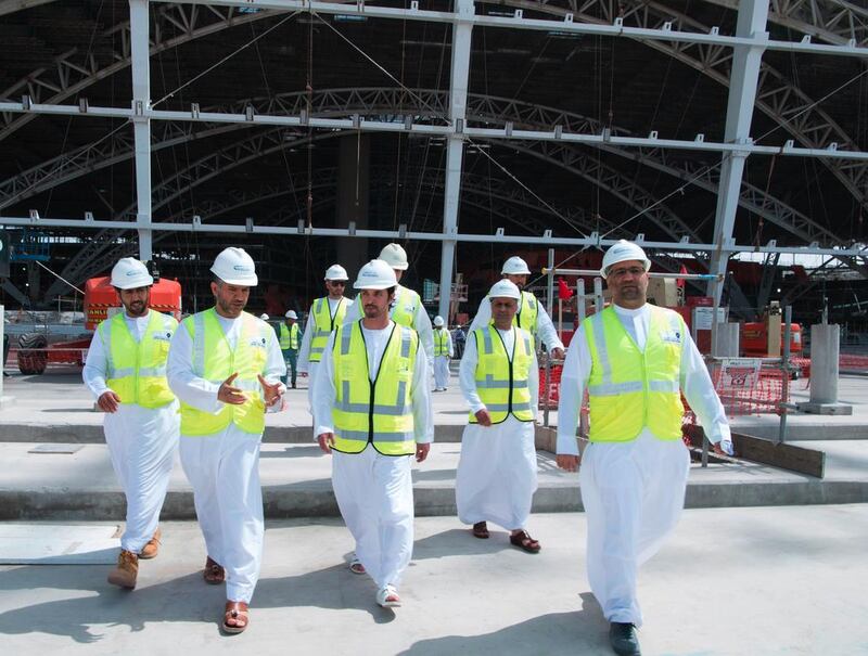 Sheikh Hazza bin Zayed, Deputy Chairman of the Abu Dhabi Executive Council, tours the Midfield Terminal Building at Abu Dhabi International Airport on Sunday. Stretching over 742,000 square metres, the terminal will be the largest in Abu Dhabi and will be visible from more than 1.5 kilometres away. Wam