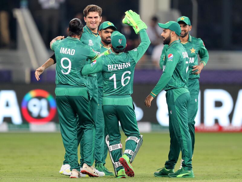 Pakistan's Shaheen Afridi celebrates the wicket of India's KL Rahul. Chris Whiteoak / The National