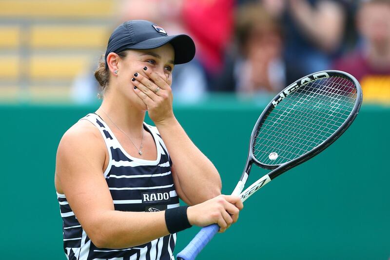 BIRMINGHAM, ENGLAND - JUNE 23:  Ashleigh Barty of Australia reacts following her victory in the final match during day seven of the Nature Valley Classic at Edgbaston Priory Club on June 23, 2019 in Birmingham, United Kingdom. (Photo by Jordan Mansfield/Getty Images for LTA)