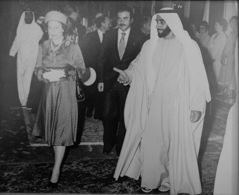 November 23, 2010, Abu Dhabi, UAE:
A photograph of a photograph showing Queen Elizabeth with Sheikh Zayed during her visit to the UAE in 1979. 

The photo is courtesy of Zaki Anwar Nusseibeh, the Vice Chairman for the Abu Dhabi Authority for Cultural Affairs and the Advisor Ministry of Presidential Affairs. 

