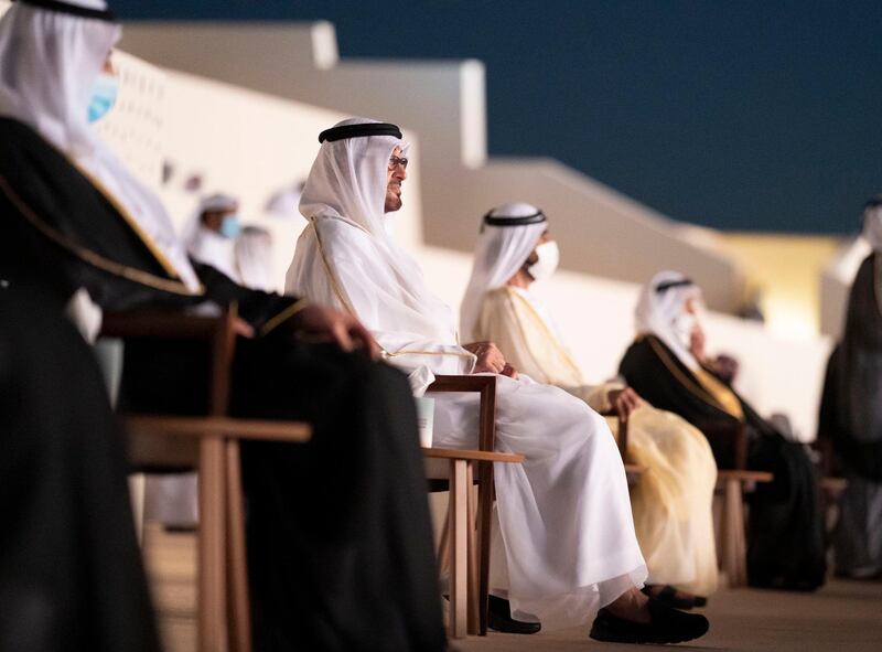 Sheikh Mohammed bin Rashid, Vice President and Ruler of Dubai, and Sheikh Mohamed bin Zayed, Crown Prince of Abu Dhabi and Deputy Supreme Commander of the Armed Forces, attend the 'Seeds of the Union' National Day show at Jubail Mangrove Park along with the Rulers of the emirates. Courtesy: Sheikh Mohamed bin Zayed Twitter