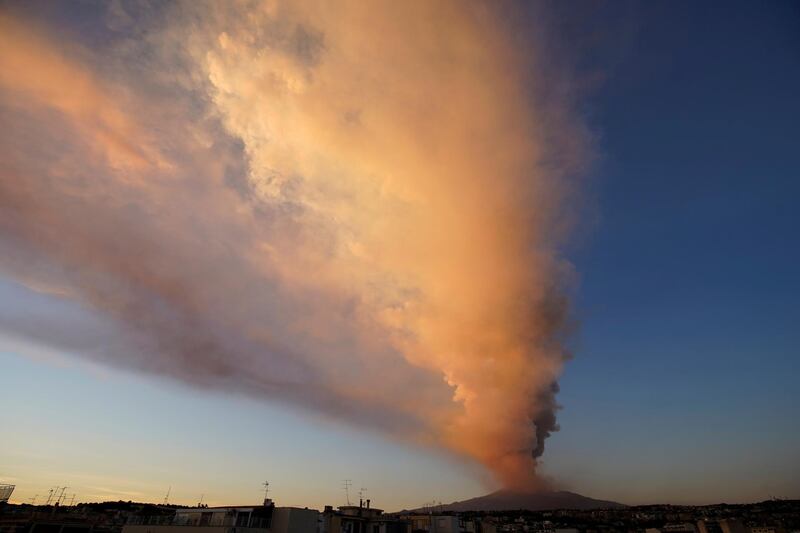 Mount Etna, Europe’s most active volcano, spews ash as it leaps into action. It is seen from the Italian village of Catania. Reuters