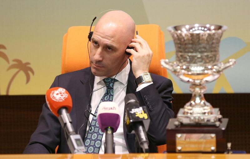 Luis Rubiales listens to a question during the Spanish Super Cup press conference. EPA