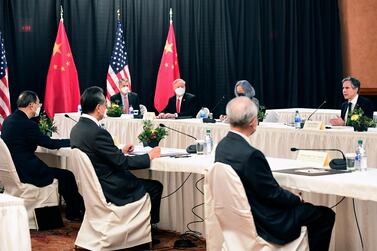 US Secretary of State Antony Blinken and US National Security Adviser Jake Sullivan during their meeting with Yang Jiechi, director of China's Central Foreign Affairs Commission Office and Wang Yi, China's Foreign Minister in Anchorage, Alaska, last week. AP Photo