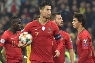 TOPSHOT - Portugal's forward Cristiano Ronaldo holds the ball during the Euro 2020 football qualification match between Ukraine and Portugal at the NSK Olimpiyskyi stadium in Kiev on October 14, 2019. / AFP / Genya SAVILOV