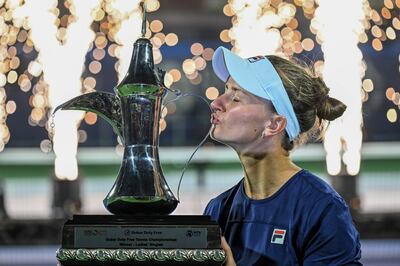 Barbora Krejcikova celebrates after beating Iga Swiatek in Dubai. EPA