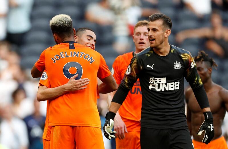 Newcastle United's Martin Dubravka, Joelinton and Miguel Almiron celebrate after beating Tottenham Hotspur 1-0 away in the Premier League. Reuters