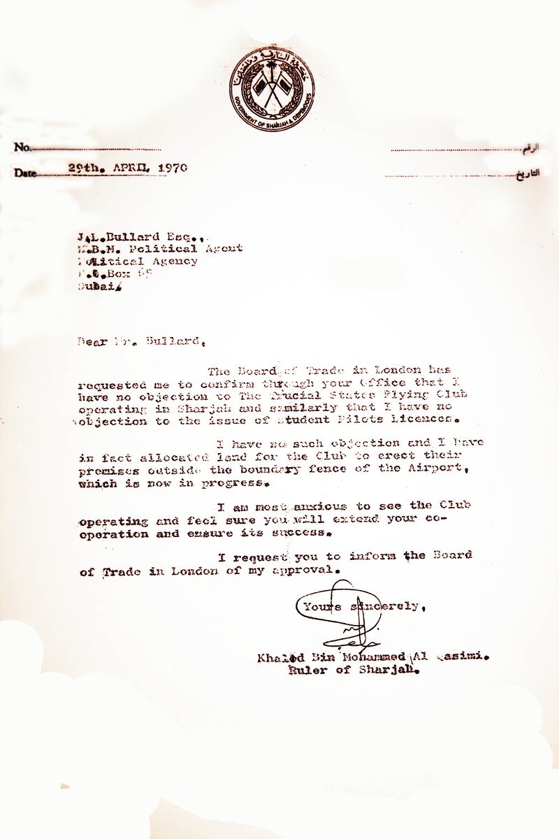 A letter from Sheikh Khalid to Mr Bullard, on April 29, 1970, approving the opening of the flying school in Sharjah.