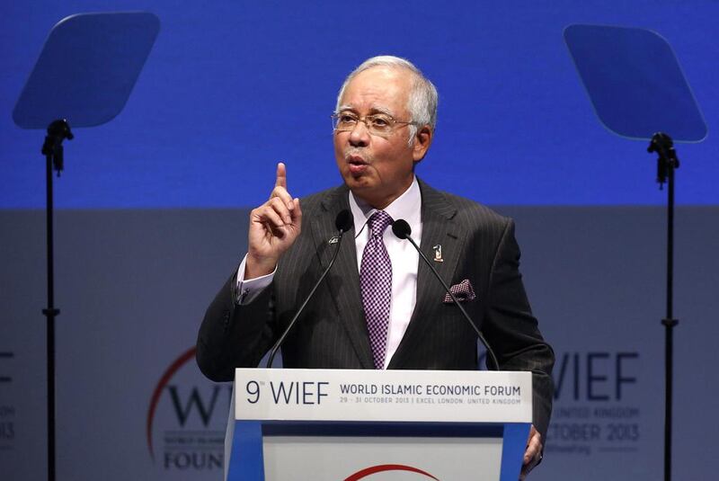 Malaysia, where Najib Razak is the prime minister, is considered the hub of Islamic finance. Above, the prime minister addresses attendees to the World Islamic Economic Forum in London. Luke MacGregor / Reuters