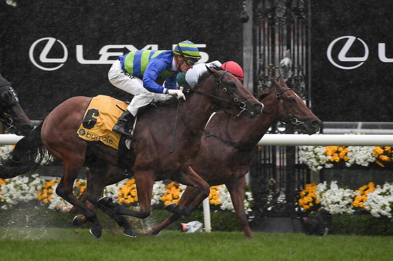 Mark Zahra rides Bella Rosa to victory in Race 1, the Bumble Stakes, during the Melbourne Cup Day. EPA