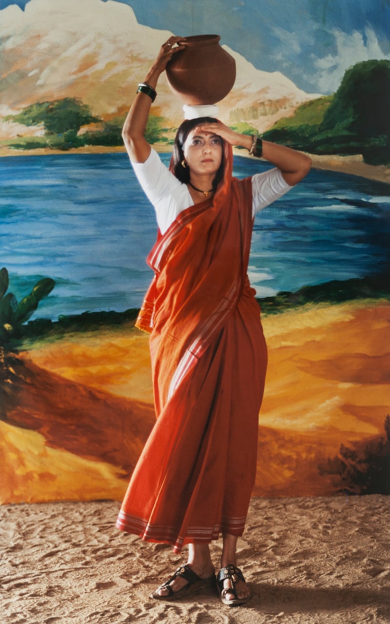 'Returning from the Tank (after oil painting by Raja Ravi Varma)' (2004) by Pushpamala N; colour photograph. Photo: Pushpamala N