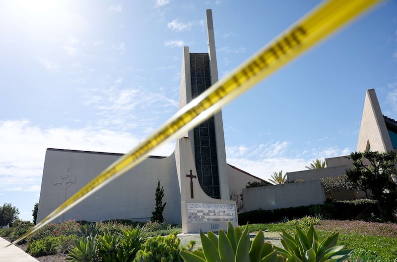 Police tape blocks off the scene of a shooting at the Geneva Presbyterian Church in Laguna Woods, California. Getty Images