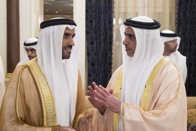 Sheikh Nahyan bin Zayed Al Nahyan, Chairman of the Board of Trustees of Zayed bin Sultan Al Nahyan Charitable and Humanitarian Foundation, left, and Sheikh Saif bin Zayed, Deputy Prime Minister and Minister of Interior, right, at Mushrif Palace. Ryan Carter / Crown Prince Court - Abu Dhabi