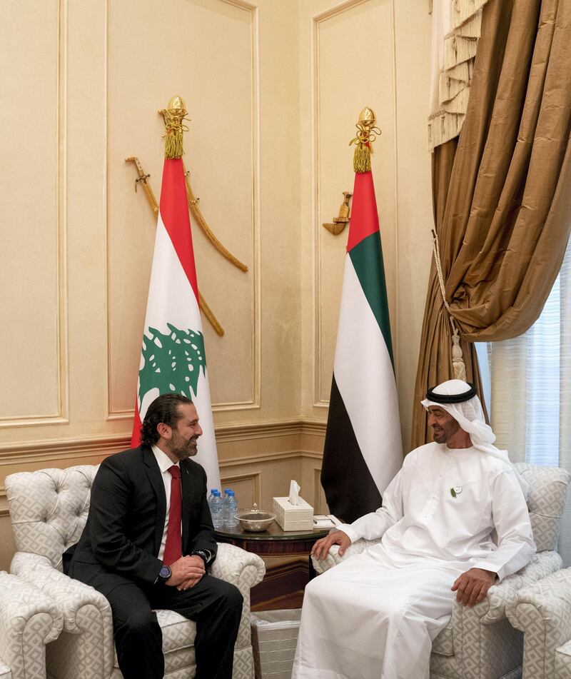 ABU DHABI, UNITED ARAB EMIRATES - October 07, 2019: HH Sheikh Mohamed bin Zayed Al Nahyan, Crown Prince of Abu Dhabi and Deputy Supreme Commander of the UAE Armed Forces (R), meets with HE Saad Hariri, Prime Minister of Lebanon (L), during a Sea Palace barza. 

( Mohamed Al Hammadi / Ministry of Presidential Affairs )
---